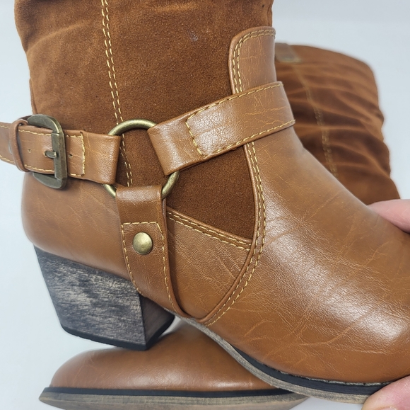 Daily Shoes Zipper Closure Harness Heeled Boots Tan Faux Suede Tan Brown Size 8 - Picture 13 of 13